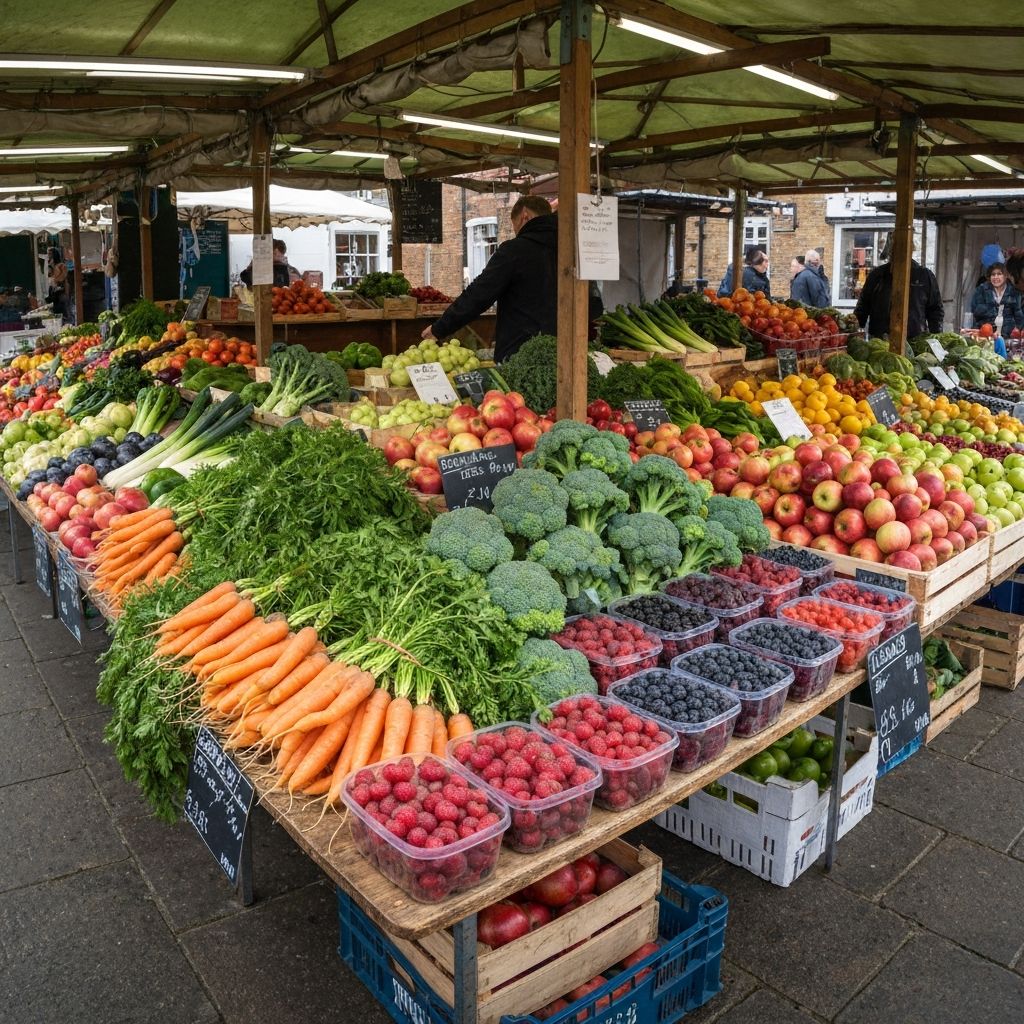 Fresh British market produce display with colorful vegetables